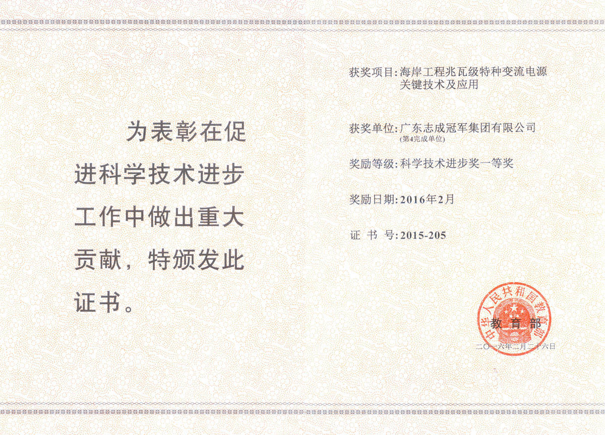 科学技术进步奖一等奖(海岸工程兆瓦特种变流电源关键技术及应用) 科学技术进步奖一等奖(海岸工程兆瓦特种变流电源关键技术及应用)